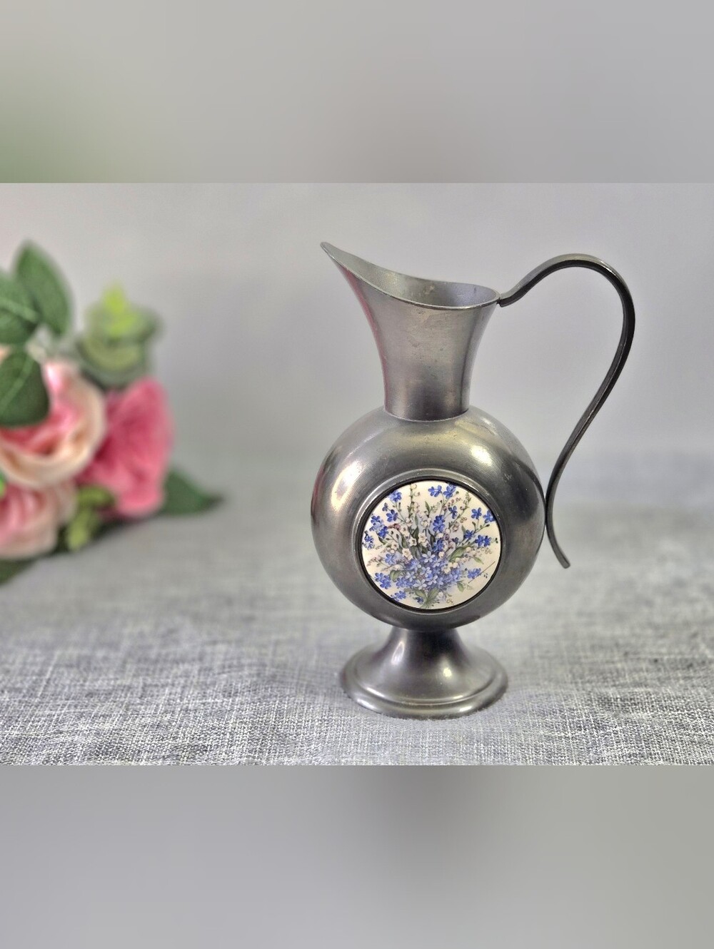 Vintage Pewter Pitcher Bud Vase 94% Angel Touchmark Ceramic Forget Me Not Mini